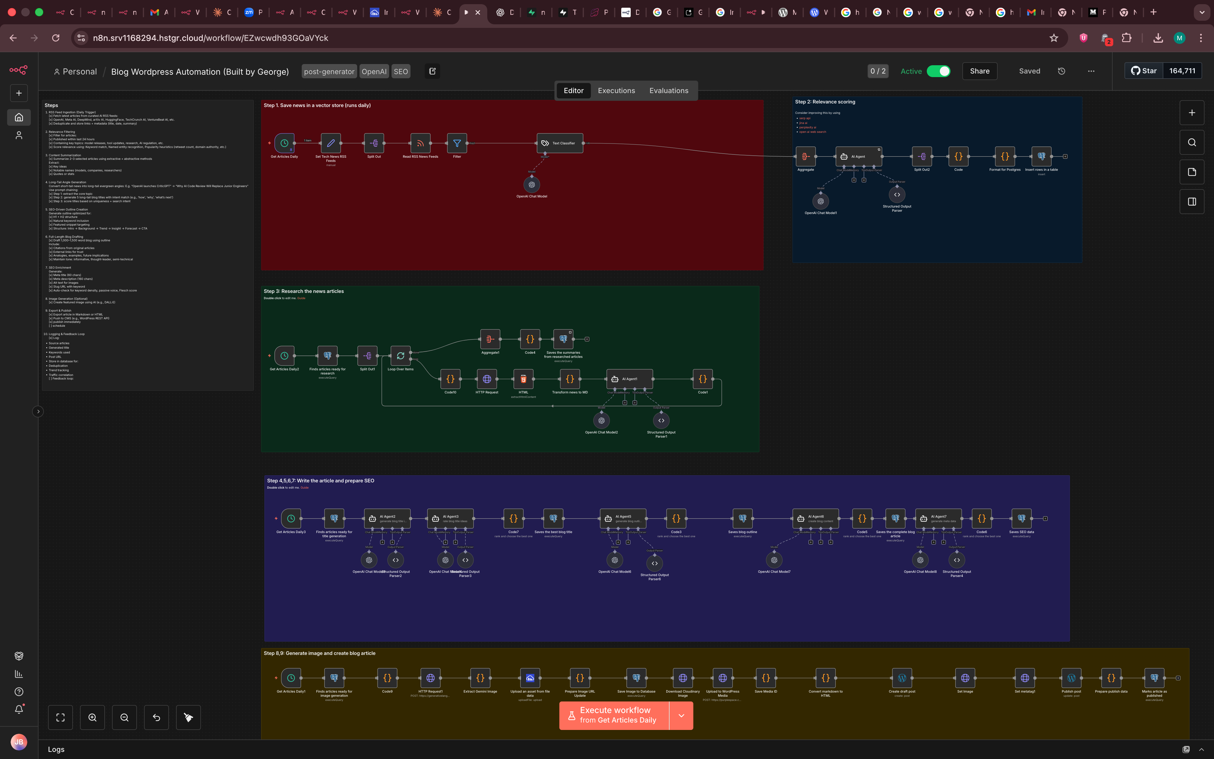 Screenshot of an n8n content automation workflow built by the Bridge Point team